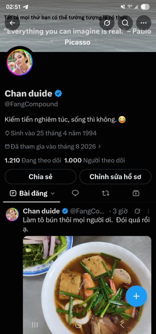 A Twitter/X profile page for 'Chan duide' (@FangCompound) showing Vietnamese text, a bio noting they earn money seriously and live luxuriously, and a post featuring a bowl of Vietnamese noodle soup.