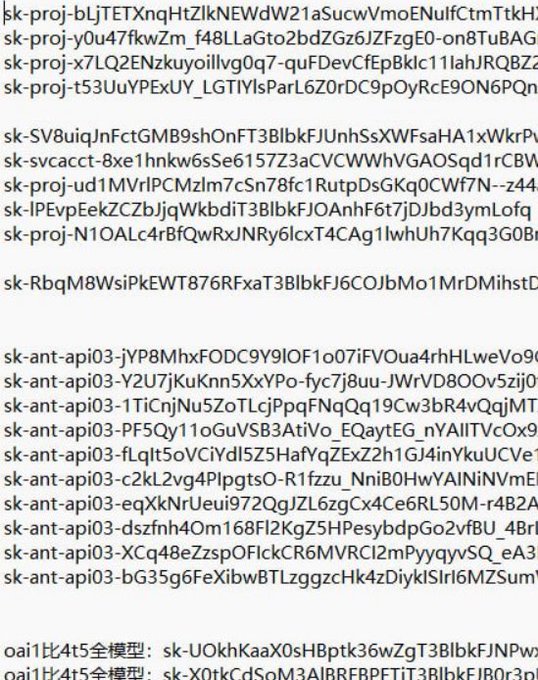 The image shows a list of strings with various descriptions such as "skk", "ap0", "skp", "skt", "sku", "skv", "skw", "skx", "sky", "skz", and "skc". The post is titled "got a batch of official keys for oai, claude, openrouter. If you'r interested, come chat."