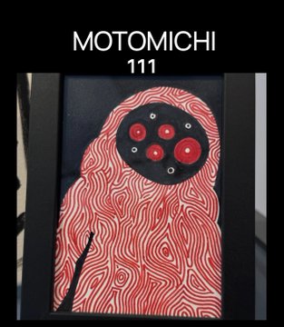 An artwork titled 'MOTOMICHI 111' featuring a figure with a red patterned body and a black face with red circular features.