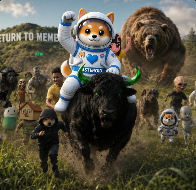 A chaotic digital illustration featuring a Shiba Inu dog in an astronaut suit riding a black bull, with 'RETURN TO MEME' and 'ASTEROID' visible, alongside a bear, a dog in a hoodie, and various other characters.