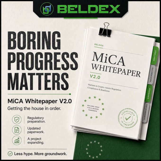 The promotional image features the Beldex (BDX) logo and announces the release of "MiCA Whitepaper V2.0" with the bold tagline "BORING PROGRESS MATTERS," highlighting a no-frills, regulatory-focused update covering compliance, documentation, and governance.

It visually reinforces the post's message that Beldex's MiCA Whitepaper V2.0 represents unglamorous but meaningful foundational work toward compliance readiness, rather than a flashy headline announcement.
