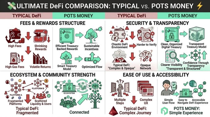 An infographic titled "ULTIMATE DeFi COMPARISON: TYPICAL vs. POTS MONEY" contrasts typical DeFi platforms (shown in red with downward arrows) against POTS MONEY (shown in green with upward arrows) across four categories: Fees & Rewards Structure, Security & Transparency, Ecosystem & Community Strength, and Ease of Use & Accessibility, positioning POTS MONEY favorably with features like "Efficient Treasury-Backed Rewards," "Transparent Treasury Model," "Connected" ecosystem, and "Simple Experience."