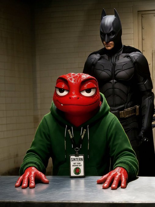 A red, scaly humanoid figure in a green hoodie labeled "SINTERN" sits at a table wearing an ID badge that reads "SYNTERN - NOT YOUR AVERAGE GUY," while Batman stands behind him in an interrogation room—playfully staged to match the post's joke about intern casting for Batman 2.