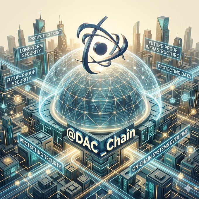 The image features a cityscape with a large dome at its center that has a black dot in the middle of it. The word "DAC" is displayed above the dome, indicating the company behind this innovative technology. The city around the dome represents the future of computing and data security, as it is depicted on a post about long-term security for @dac_chain. The image emphasizes the importance of protecting data in an era where quantum computing is rapidly advancing.