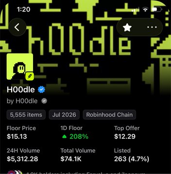 A mobile screenshot of an NFT collection page for 'HOOdle' on the Robinhood Chain, showing 5,555 items, a floor price of $15.13, a 1D floor change of 208% (up), a top offer of $12.29, and a 24H volume of $5,312.20.