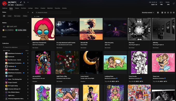 A screenshot of the IN.FINITY NFT marketplace dashboard on September 7, 2025, showing a collection of digital artwork thumbnails with ETH price displayed at $4,377.73.
