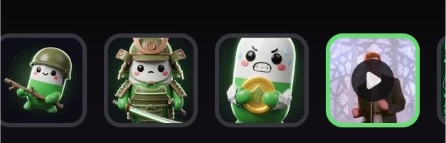 A row of four character icons featuring green capsule-like figures in various costumes—soldier, samurai, and panicked—alongside a highlighted video thumbnail with a play button. The green-themed imagery reflects the post highlighting two Pumpfun memecoins, $Cupsey and $RICKROLL, with the green highlighting matching the color palette of these meme characters.