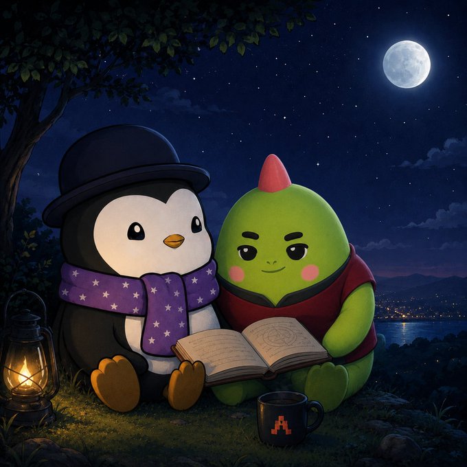 A digital illustration shows a penguin in a top hat and a green goblin-like creature reading a book together under a starry night sky, with a lantern and a mug bearing the letter 'A' nearby.