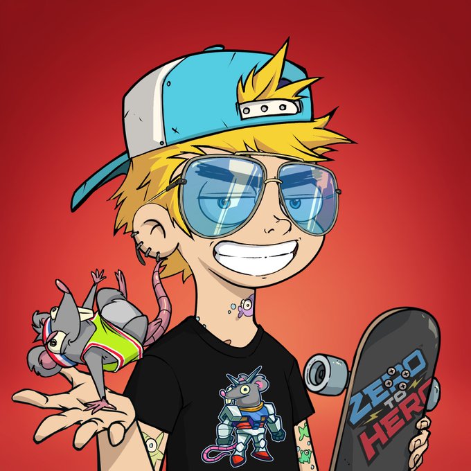 A cartoon blond boy in oversized blue sunglasses wears a backward cap and black T-shirt while holding a skateboard and a small creature. The skateboard reads “ZERO TO HERO,” with “TO” in white and “HERO” in red.