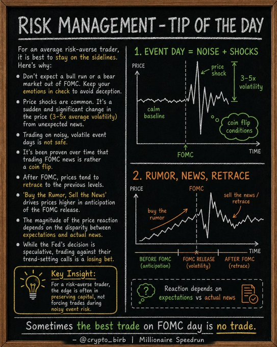 A black chalkboard-style infographic titled "Risk Management – Tip of the Day" outlines trading strategies for risk-averse traders during FOMC events, featuring two graphs that illustrate price volatility (3-5x average) at FOMC releases and a "Buy the Rumor, Sell the News" pattern across pre-FOMC anticipation, FOMC volatility, and post-FOMC retrace phases. The caption "Sometimes the best trade on FOMC day is no trade" reinforces the accompanying post's warning about expected volatility from tonight's FOMC meeting, where markets are pricing in a 92.7% probability of a 25 bps rate hike.