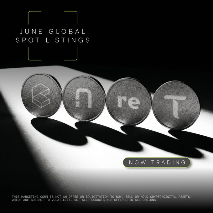 A sleek promotional graphic for "June Global Spot Listings" features four metallic coins engraved with symbols spelling "BnreT," illuminated against a dark background with a "Now Trading" badge below. The image corresponds to the post highlighting June's hot new crypto listings, visually representing the announcement of new tokens being added for trading.