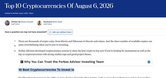 The image shows the header of a Forbes article titled "Top 10 Cryptocurrencies Of August 6, 2026," authored by Farran Powell and reviewed by Kevin Pratt, which the accompanying post references as the source featuring HYPE, ZEC, and RAIN among its recommended cryptocurrencies.