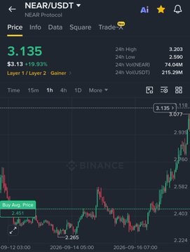 A Binance trading chart for NEAR/USDT (NEAR Protocol) showing a current price of 3.135, up 19.93%, with a 24h high of 3.203, low of 2.590, and volume of 74.04M NEAR.
