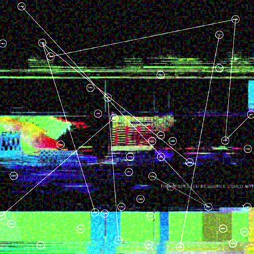 A glitchy, multicolored digital-style image shows static, scan lines, faint interface-like markings, and thin geometric lines connecting small circular nodes.