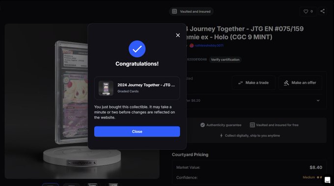 A user celebrates their Pokémon card purchase on OpenSea, with a "Congratulations!" popup confirming the acquisition of "2024 Journey Together - JTG..." Graded Card, alongside visible pricing details showing a market value of $8.40.