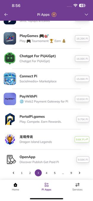 A mobile screenshot of the "Pi Apps" page showing a list of Pi Network applications including PlayGames, Chatgpt For Pi, Connect Pi, PayWithPi, PortalPi.games, Dragon Island Legends, and OpenApp, each with Pi coin values displayed. This relates to the post about OpenPay's integration with OpenApp, as OpenApp is visible in the apps list.