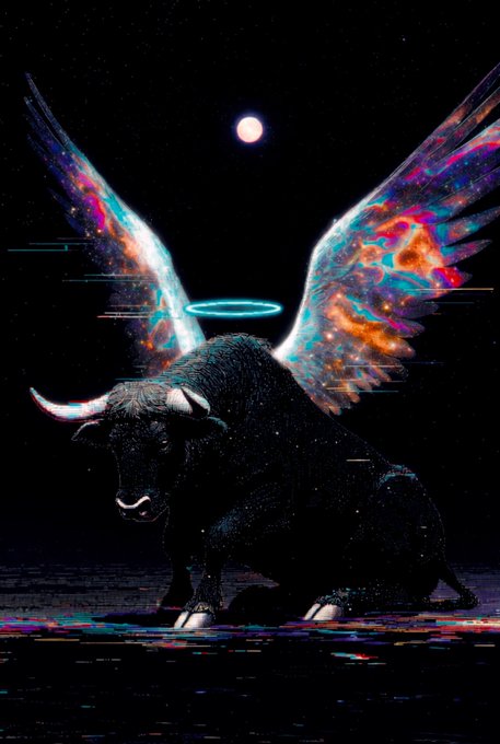 An artistic image of a black bull with glowing, multicolored cosmic wings, a cyan halo above its head, set against a starry night sky with a full moon.
