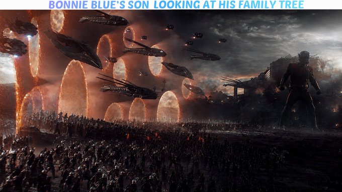 A dramatic sci-fi scene with the caption "BONNIE BLUE'S SON LOOKING AT HIS FAMILY TREE" showing alien ships, orange energy portals, and a massive army gathered beneath a giant robotic entity.