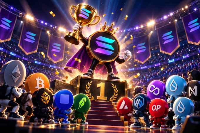 A colorful crypto-themed stadium scene features a crowned Solana character holding a trophy on a number-one podium, surrounded by mascots bearing cryptocurrency logos including Bitcoin, Ethereum, and others.