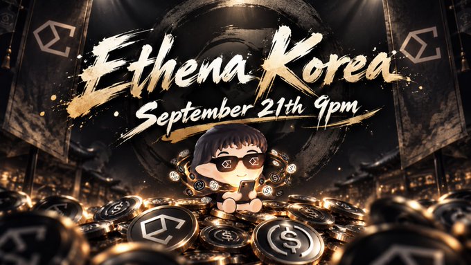 Promotional banner with stylized text reading 'Ethena Korea September 21th 9pm' above a cartoon figure surrounded by golden cryptocurrency coins on a dark background.