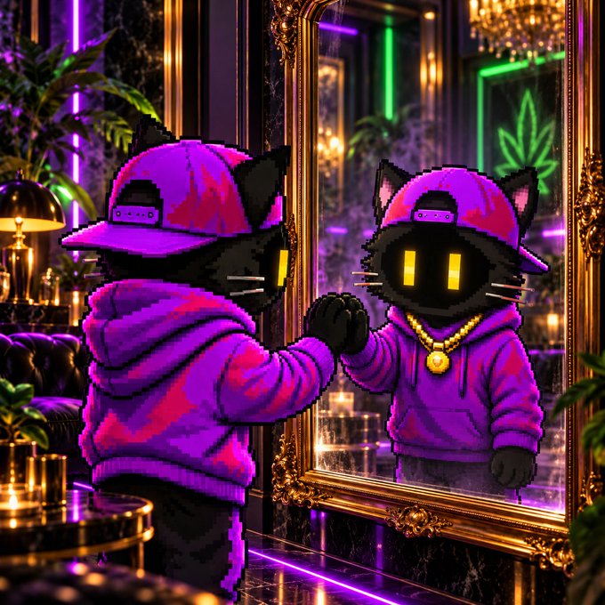 A pixel art style image shows a black cat character wearing a pink hoodie, pink cap, and gold chain, looking at its reflection in an ornate gold mirror in a neon-lit room.