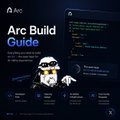 A dark-themed promotional image for 'Arc Build Guide' featuring a small robot or character figure alongside what appears to be code or documentation.
