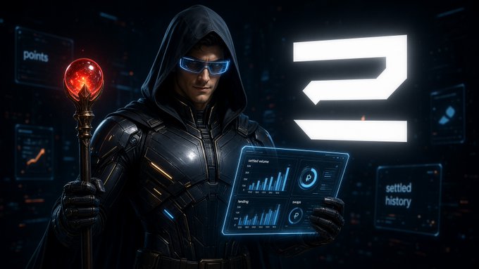 A hooded figure in futuristic armor holds a glowing staff and a tablet displaying charts, with a large stylized "5" prominently featured alongside the text "points," "settled history," and "official volume." The imagery visually reinforces the post's message—emphasizing how zScore, drawn from past settled on-chain activity (lending, swaps, staking), was already established and pre-calculated rather than tied to any new trading activity.