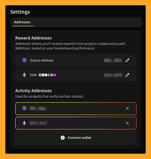 This image shows a screenshot of a software interface, possibly related to blockchain or cryptocurrency, with text boxes that provide information about setting up the account for a new Ethereum wallet and connecting it to the Wallchain network. It also displays options to check reward addresses, activity addresses, and how to connect a payment.