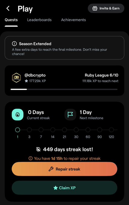 A mobile app 'Play' screen showing a 'Season Extended' notice, user @dbcrypto at Ruby League 6/10 with 177.29k XP, and a 449 days streak lost with 1 day 15h remaining to repair the streak.