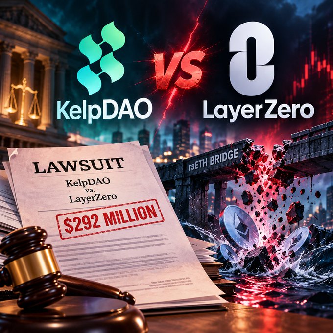 A digital graphic depicts a legal battle between 'KelpDAO' and 'LayerZero', featuring their logos separated by a red 'VS'. The image includes a courtroom setting with a gavel and scales, a document titled 'LAWSUIT' stating 'KelpDAO vs. LayrZero' with a '$292 MILLION' stamp, and a cracked bridge in the background with falling Ethereum coins.