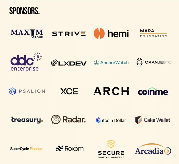 A 'SPONSORS' page displays logos of various crypto and tech companies including Maxim Group, Strive, Hemi, Mara Foundation, ddc enterprise, LXDEV, AnchorWatch, Oranjebtc, Psalion, XCE, ARCH, coinme, treasury, Radar, itcoin Dollar, Cake Wallet, SuperCycle Finance, Roxom, Secure Digital Markets, and Arcadia.