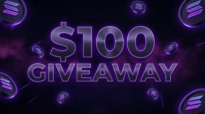 A neon purple promotional graphic reads “$100 GIVEAWAY” in large metallic letters, surrounded by Solana-style coin emblems against a dark space background. It visually supports the post’s $100 SOL giveaway promotion involving @Winify and @vstarbanks.