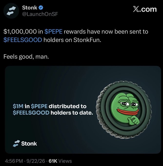A tweet from verified account @LaunchOnSF (Stonk) announcing that "$1,000,000 in $PEPE rewards have now been sent to $FEELSGOOD holders on StonkFun," accompanied by a graphic featuring a green Pepe coin and the Stonk logo reiterating "$1M in $PEPE distributed to $FEELSGOOD holders to date."