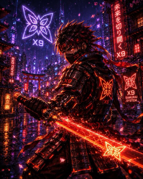 A cyberpunk samurai in glowing red armor wields an electrified katana against a neon-lit Tokyo backdrop, with "X9" and "SAMURAI SYSTEM" branding alongside Japanese text and a butterfly emblem.

The image evokes a futuristic warrior prepared for an evolving, uncertain threat landscape—mirroring the post's warning that current cryptographic standards may not withstand future challenges, and aligning with @quipnetwork's forward-looking approach to blockchain security.