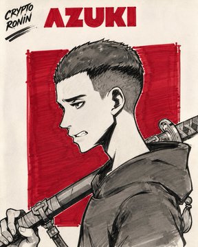 A manga-style sketch illustration features a young man in profile holding a katana against a red background, with text reading "CRYPTO RONIN" and "AZUKI" at the top, demonstrating the Azuki NFT-to-manga sketch transformation referenced in the prompt drop.