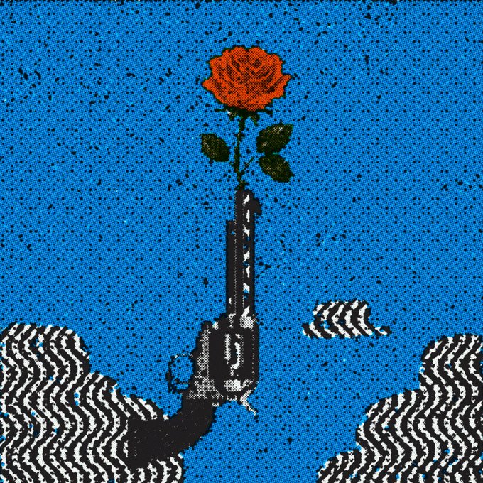 A pixelated or halftone-style artwork shows a hand holding a gun pointing upward, with a red rose growing from the barrel against a blue sky background with clouds.