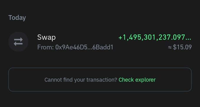A screenshot displays a cryptocurrency wallet transaction labeled "Swap" from address "0x9Ae46D5...6Badd1" showing a token amount of "+1,495,301,237.097..." valued at "≈ $15.09," illustrating a past transaction highlighted in the post to emphasize $WKC's price growth from $15 to $130.