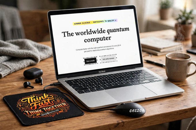 A MacBook on a wooden desk displays "The worldwide quantum computer" website, surrounded by a "Think Fast, Think Together" mousepad, earbuds, and a coffee mug.