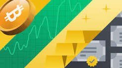 A graphic illustration featuring a Bitcoin coin, a rising green line chart, and stacked gold bars against a stylized background.