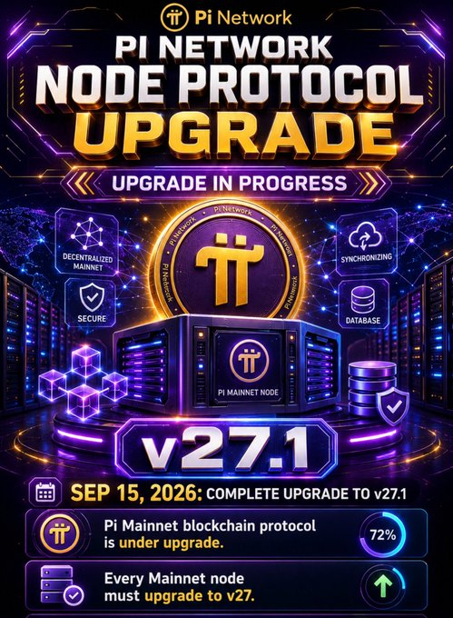 A promotional graphic for 'PI NETWORK NODE PROTOCOL UPGRADE v27.1' announcing a complete upgrade scheduled for September 15, 2026, showing a 72% progress indicator.