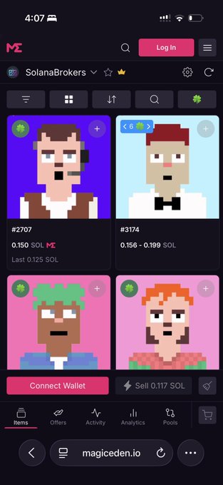 A mobile screenshot of Magic Eden showing a Solana Brokers NFT collection, featuring pixel art character profiles listed for 0.150 SOL and 0.156-0.199 SOL.