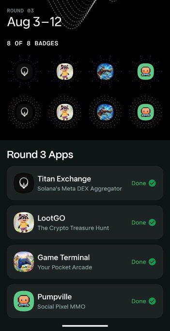 A Round 3 quest completion screen dated Aug 3-12 showing 8 of 8 badges earned across four apps (Titan Exchange, LootGO, Game Terminal, and Pumpville), with the post noting that the LootGO task was the most challenging while the others were straightforward.