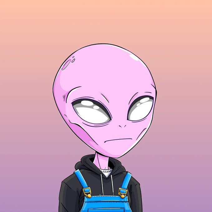 A digital illustration of a purple alien character with large white eyes wearing a black hoodie under blue overalls against a gradient peach-purple background.