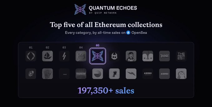A 'QUANTUM ECHOES BY QUEP NETWORK' graphic highlighting it as the #5 top Ethereum collection on OpenSea with '197,350+ sales' across all categories.