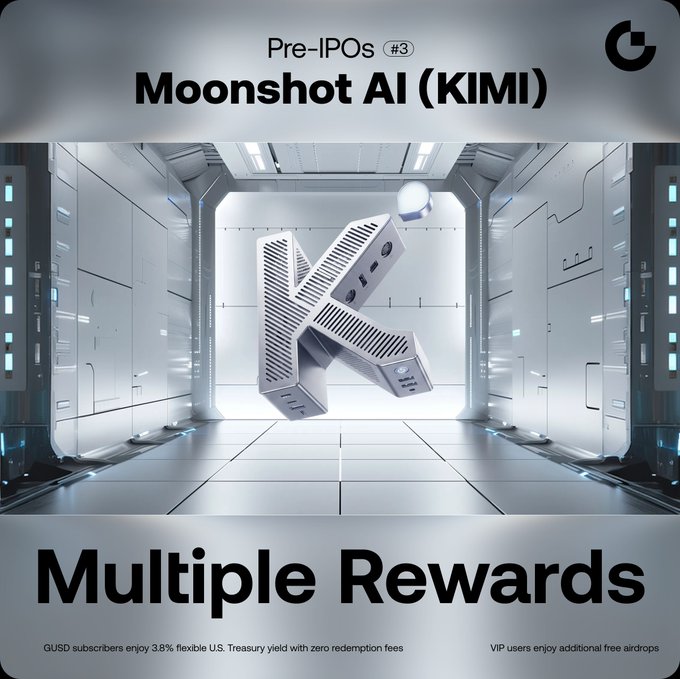 Promotional graphic for a 'Pre-IPOs #3' campaign featuring 'Moonshot AI (KIMI)' with a 3D 'K' logo, advertising 'Multiple Rewards' including 3.8% flexible U.S. Treasury yield for GUSD subscribers.
