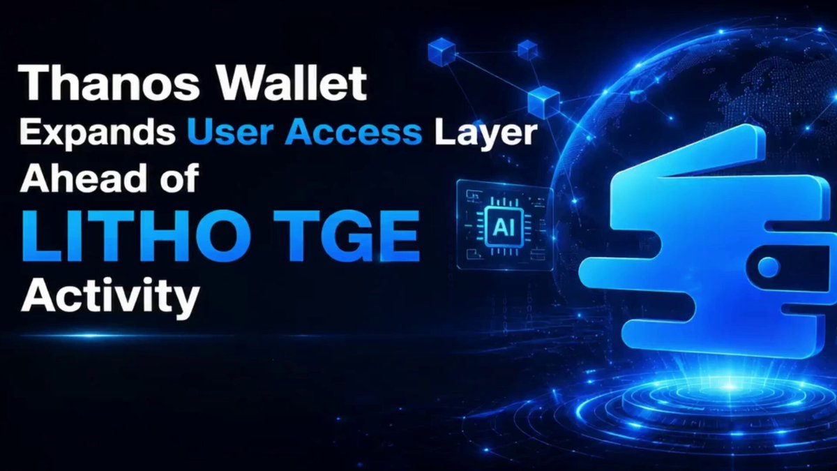 The image features a blue wallet icon with a globe above it, which suggests that the wallet is related to global transactions or international money management. The text at the bottom of the image reads "Thanos Wallet expands user access layer ahead of LITHO TGE activity". This implies that Thanos Wallet is part of an emerging ecosystem focused on Web4 participation and asset management.