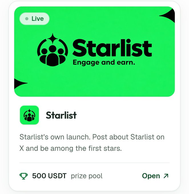 A live Starlist campaign card ('Engage and earn') promoting posting about the launch on X, featuring a 500 USDT prize pool.