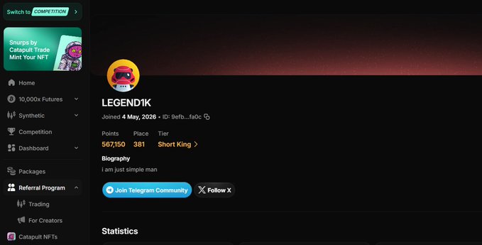 A profile page for 'LEGEND1K' showing joined date 4 May, 2026, with 567,150 points, place 381, and tier 'Short King', with bio 'I am just simple man'.