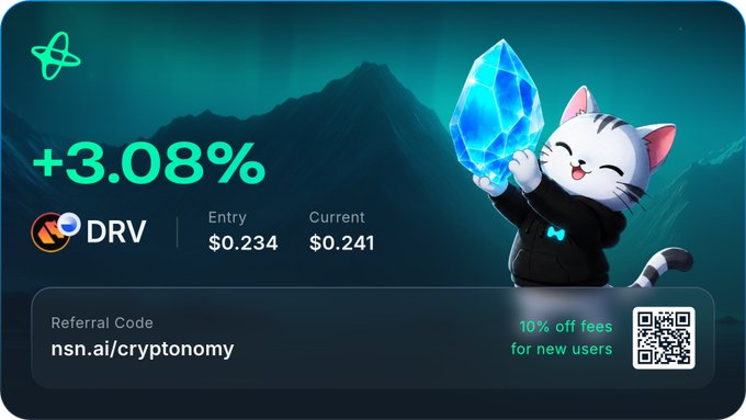 A promotional crypto graphic showing a +3.08% gain for the DRV token with entry price $0.234 and current price $0.241, featuring a cartoon cat holding a blue crystal, with referral code 'nsn.ai/cryptonomy'.