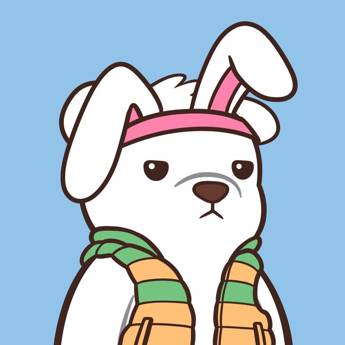 A cartoon illustration shows a white rabbit with an unimpressed expression, wearing a pink headband and a green and yellow striped scarf against a light blue background.